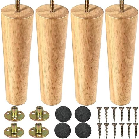 Pieds de meubles en Bois 20cm Pied de Table 4 Pièces Pieds de Table en Bois Conique Massif Pieds de Canapé Pieds de Meubles de Remplacement avec Vis de Plaque de Montage et Tapis Antidérapant