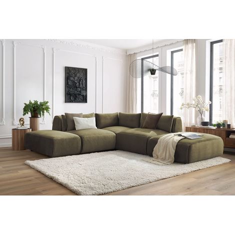 Bobochic – Canapé d'angle modulable 5 places – Tissu velours vert – 2 chauffeuses, 1 angle, 2 poufs – Style moderne et confortable (1/5)