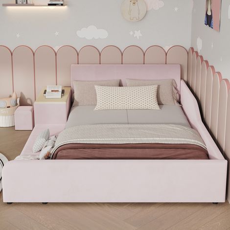 Lit capitonné, lit simple avec bureau et tabouret pour enfant, étagère de rangement, tête de lit rembourrée, sommier à lattes en bois, velours rose, 140 x 200 cm (1/4)