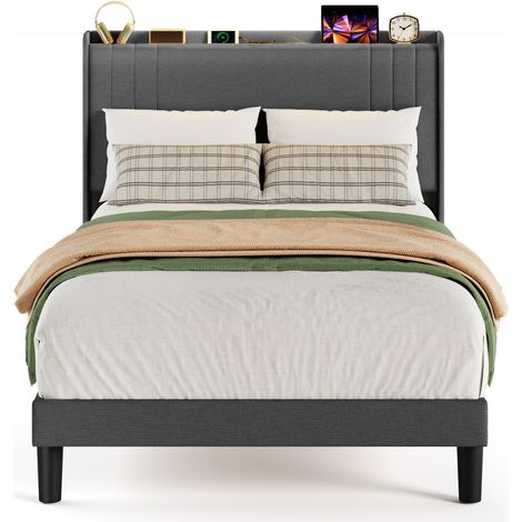 Letto Imbottito 120 x 200 Bealife Struttura letto con Luce LED e Stazione di Ricarica Letto Singolo con Testiera Tessuto in Lino Letto per Bambini e Adolescenti Grigio Scuro