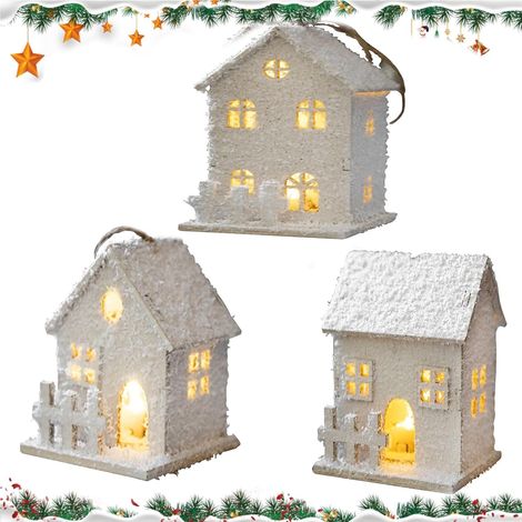 3 Pièces Maison Village de Noël, Bois, LED Intégré, Décoration Table, Sapin, Intérieur (1/5)