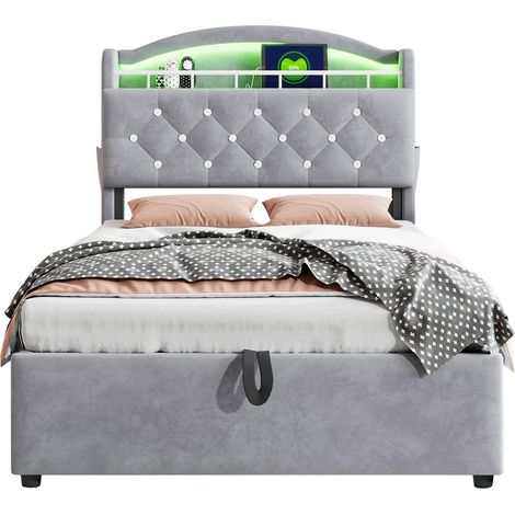 Lit enfant 90x200 avec rangement, tête de lit LED multicolore, 3 USB et port Type-C, cadre capitonné gris en velours, charge 200 kg - CHICFURN (1/5)