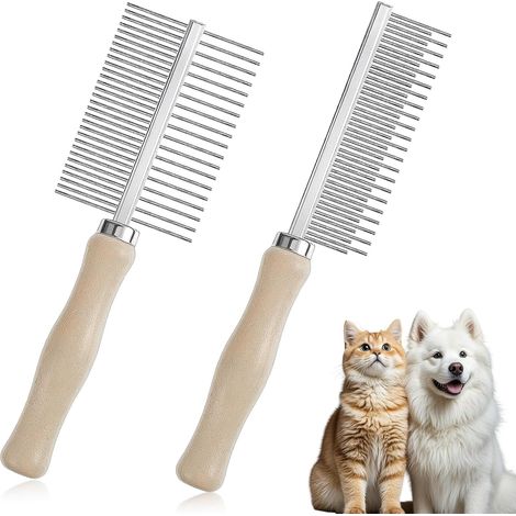 2 Peigne, Acier Inoxydable, Bois, Dents Arrondies, Anti-Nœuds, Chiens Chats (1/5)