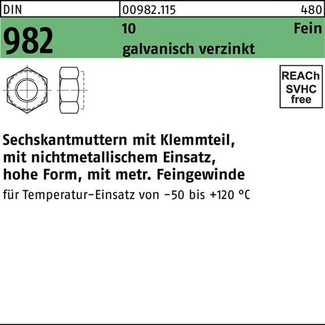 Selbstsichernde Sechskantmutter DIN 982 M 12 x 1,5 Stahl galvanisch verzinkt 100 Stk (1/2)