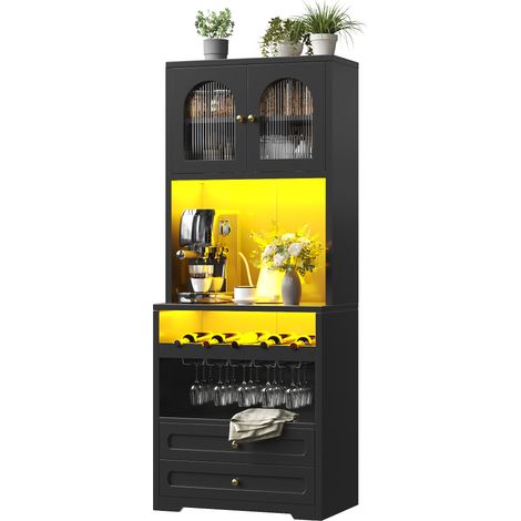 CHICFURN Vitrina alta negra con puertas de vidrio arqueadas, LED controlada por app y música, estantes ajustables, botellero, USB y antivuelco para salón y comedor (1/5)