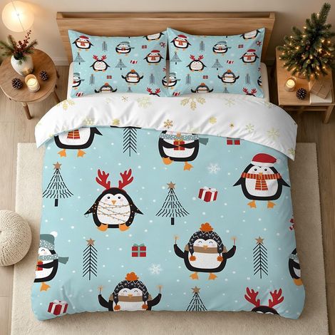 Noël Housse de Couette 140x200 Pingouin Flocon de Neige Réversible - 140x200 cm + 1 Taies d'oreiller 65x65 cm (1/5)