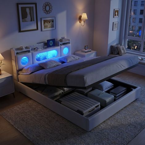Lit coffre 160x200 cm - sommier à lattes,hydraulique, avec éclairage led & charge usb - velours - blanc (1/5)