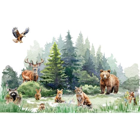 Kinderfototapete Waldtiere auf einer Lichtung Bär Luchs Hirsch M139 300x200 (1/5)