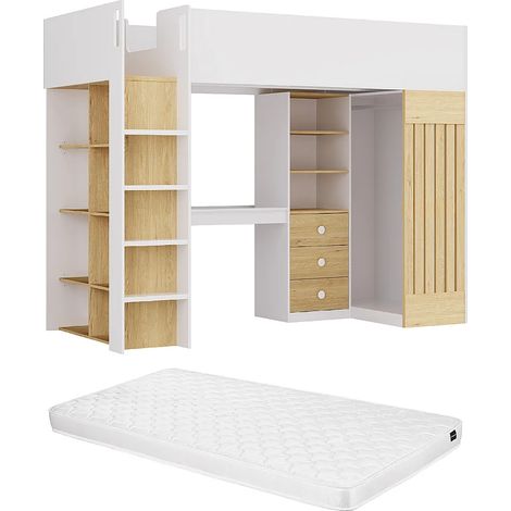 Letto a soppalco 90 x 190 cm con vani scrivania e bastone appendiabiti Bianco e Naturale + Materasso - LORINTI (1/5)