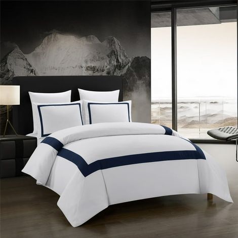 Duvet Cover with Pillowcase Hotel Bedding Set with Zipper Microfiber Set Comforter Soft Comforter Cover White and Navy (1/5)