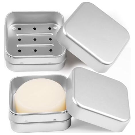 Lot de 2 boîtes à savon en aluminium avec égouttoir - Boîte à savon de voyage étanche - Petite boîte à savon avec sac à savon - Rangement de shampooing solide pour la maison ou les voyages (1/5)