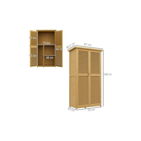 Armoire de jardin jaune clair en bois avec toit bitumé, porte à lamelles et 4 étagères pour terrasse, balcon et jardin (1/5)