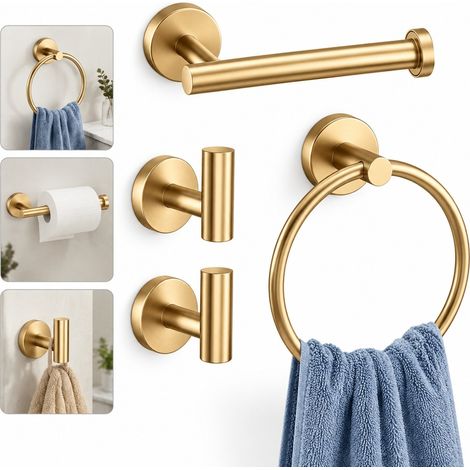 Set salle de bain 5 pièces en acier inoxydable finition dorée, barre porte-serviettes 40 cm, porte-papier, anneau de serviette et 2 crochets muraux, antirouille élégant pour salle de bain et cuisine (1/5)