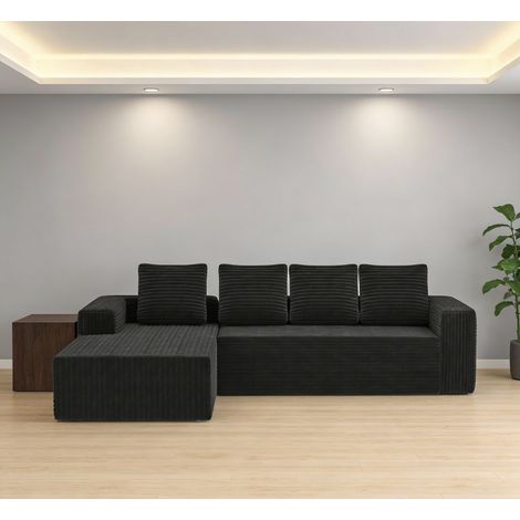 Canapé d'angle Cloud modulable en L, méridienne à droite, assise profonde, tissu velours côtelé noir, sans assemblage, idéal salon et chambre. (1/5)
