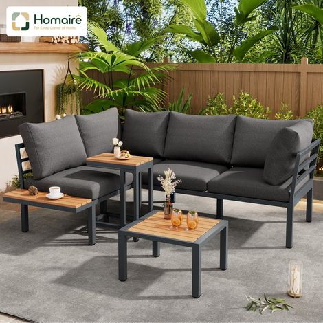 HOMAIRE Set de mobilier de jardin : canapé, table d'appoint et table basse (utilisable comme repose-pieds) en tube d'acier galvanisé et plan de table en bois synthétique, adapté pour balcon et jardin,