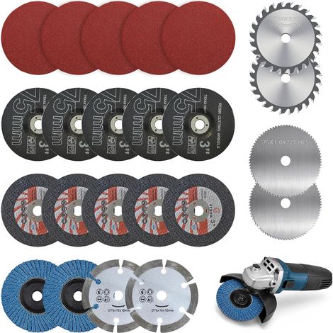 Lot de 23 disques à tronçonner et disques à lamelles de 75 mm - Alésage de 10 mm - Disques flexibles pour mini meuleuse d'angle - 6 types de disques à tronçonner en métal (1/5)