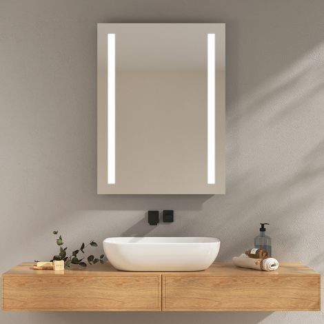 EMKE Miroir lumineux salle de bain 60x80cm, Miroir LED avec Interrupteur à bouton, Anti-buée, Miroir avec éclairage lumière Blanche Froide/Chaude (1/5)