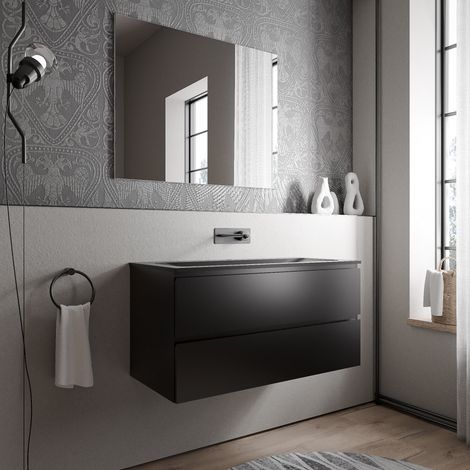 BERNSTEIN - Meuble vasque de salle de bain MDF Noir mat avec lavabo fonte minérale Noir mat - 100x45,6x50cm - AVA CREAM - Noir mat, Noir mat sans trou pour robinetterie