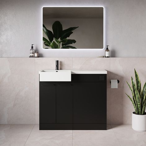 Napoli 250 Matt Black 1000mm 2 Door Vanity Unit Toilet Suite with Left Hand Square Rico Semi Recessed Basin - 1000mm - Matt Black 160mm HandleWithout Kingston Toilet Pan