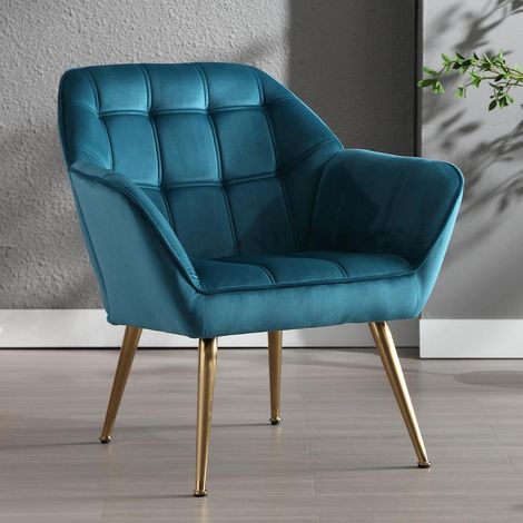 Akzentstuhl Samt mit Metallbeinen, gepolsterter Lesestuhl mit Armlehnen, Blau (1/5)