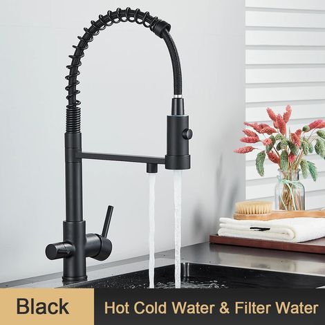 Robinet de cuisine noir mat avec filtre extractible, mitigeur flexible à 360° en laiton pour eau purifiée, 3 voies, eau potable pure. (1/5)