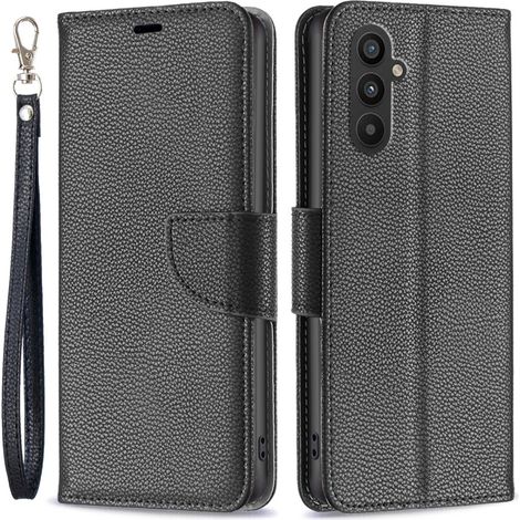 Custodia a libro per Samsung Galaxy A25 5G, portafoglio in pelle Litchi, nero + vetro 9H (1/5)