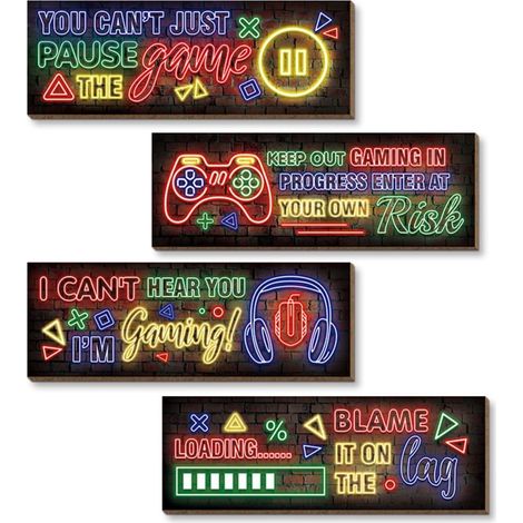 4 Pcs Décoration Gamer,Deco Chambre Gaming,Panneau en Bois Gaming Decoration Murale,Poster Gaming Decoration Chambre Ado Garcon 20x10cm (Néon A) (1/5)