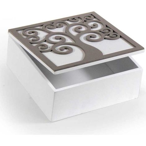 SCATOLA PORTA TÈ IN LEGNO BIANCO 17X17X8 CM CON DESIGN ALBERO VITA (1/6)