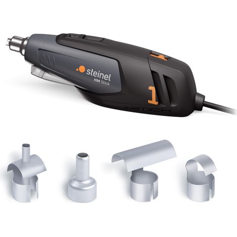 Steinel Mini pistola de aire caliente HM Stick, incluye 4 boquillas, 350 W, 400°-500°C, luz de trabajo LED, pistola de aire caliente para bricolaje y modelismo