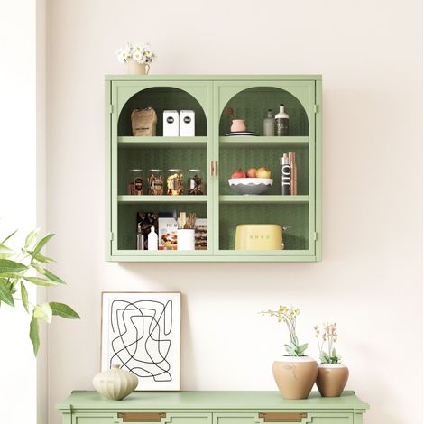 Meuble de rangement mural vert à 2 portes vitrées, 3 niveaux, 70 x 23 x 60 cm DESVIAE (1/5)