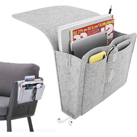 BUNTHAUS Chevet Canapé Organisateur, Poche de lit de Chevet, Sac de Rangement à Suspendre, pour Téléphone, Télécommande, Magazine, Lunettes, Livre, Pad Avec Trous de Câble et 5 Poches (Gris Clair)