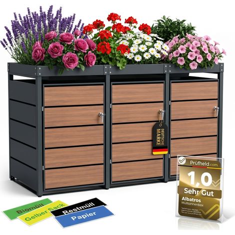 Mülltonnenbox 3er Holzdekor mit Pflanzkasten, 120L bis 240L, für Drei Tonnen, Metall, Anthrazit RAL7016, abschließbar, wetterfest (1/5)