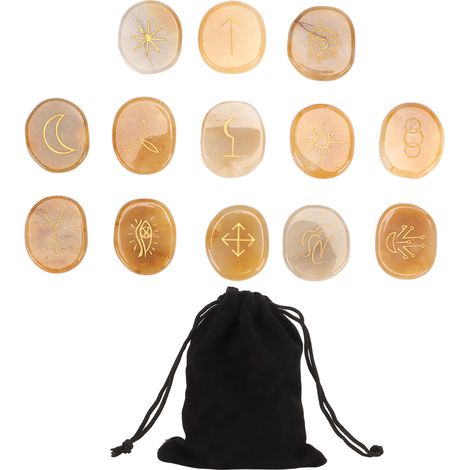 13PCS Pierres Runiques Symboliques avec Sac en Tissu, Gravure Runique pour Divination Yoga Méditation Jaune (1/5)