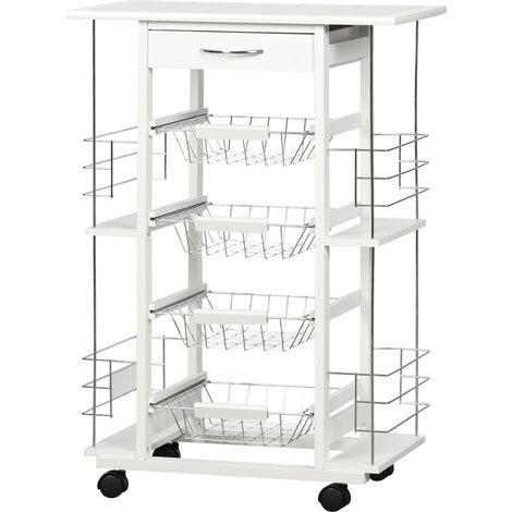 HOMCOM Chariot de service desserte de cuisine à roulettes multi-rangements 4 paniers métal tiroir + 4 range-bouteilles bois pin plateau carrelé blanc