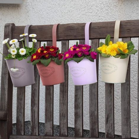 Kleiner, bunter Hängeblumentopf mit abnehmbarem Haken, Balkonpflanzgefäß aus Metall, Vintage-Hängetopf für Balkon, Garten, Wand, Außen- und Innendekoration (4 Stück) (1/4)