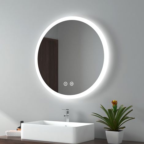 EMKE Miroir de salle de bain rond avec Interrupteur tactile, Anti-buée, Fonction mémoire 70cm diamètre Lumière chaud / Blanc froid / Neutre (1/5)