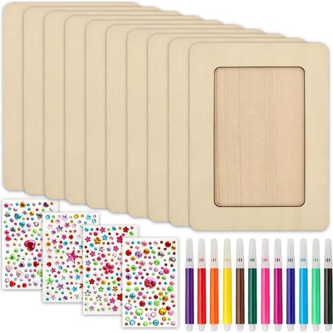 10er Set Holz Bilderrahmen zum Bemalen mit Stiften & Stickern (1/4)