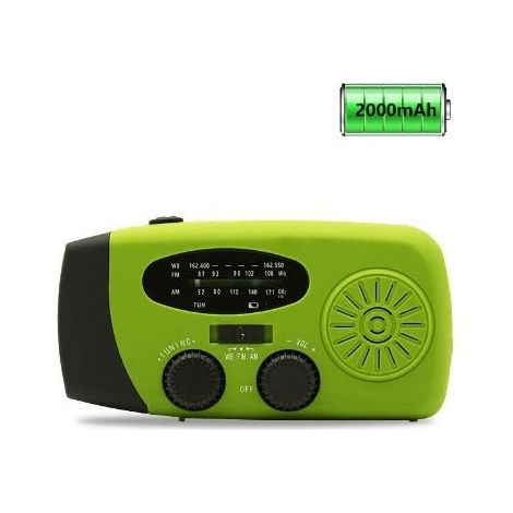 Emergency solar-powered weather radio, earthquake-resistant kit, hand crank, self-powered, AM/FM/WB, hand crank survival radio, LED flashlight, 2000 mAh power bank for iPhones and smartphones (green) (1/5)