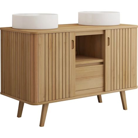 Mobile bagno con piedi in teak e doppio lavabo da appoggio rotondo in ceramica 120 cm - WAMENA (1/5)