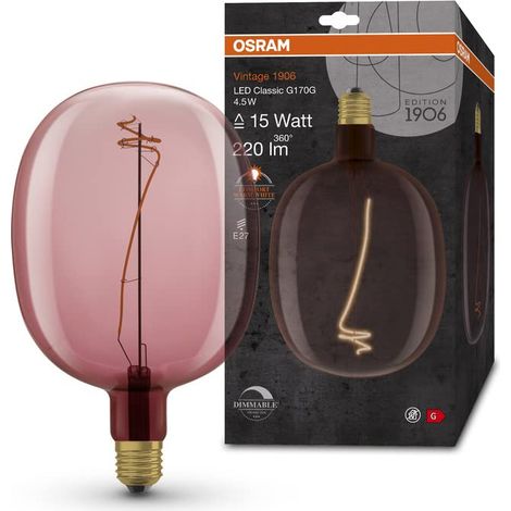 OSRAM Lampada LED Vintage 1906 vetro rosa, 4,5W, 220lm, forma a palloncino con diametro 170mm e attacco E27, luce bianca calda, filamento dimmerabile, durata fino a 15.000 ore (1/2)