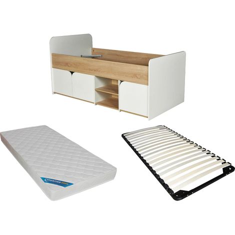 Letto 90 x 190 cm con vani contenitore - Colore: Naturale e bianco + Rete + Materasso - LOSTYA (1/5)