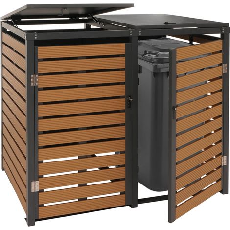 [NON UTILIZZATO] 2x copribidoni box spazzatura rifiuti HHG-648 XL 102x140x119cm metallo WPC teak