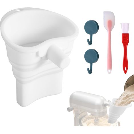 Entonnoir Farine Anti-Dégâts pour Robot, Entonnoir Pliable Silicone avec Cuillère Doseuse Raclette Pinceau à Crème Crochets Suspension pour Batteur sur Socle Tilt-Head (Blanc) (1/5)