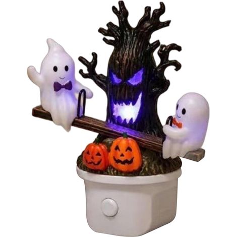 Veilleuse en résine animée en forme de balançoire, fantômes, lumières LED multi-usages effrayantes en forme d'arbre citrouille, lampes à brancher pour Halloween, lumière d'ambiance pour couloir (1/5)