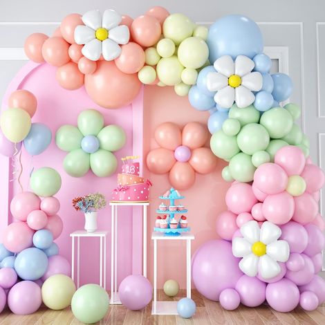 Kit d'arche de ballons bohème avec marguerites - Ballons pastel macaron décorés de marguerites, style rétro hippie pour anniversaire, baby shower, enterrement de vie de jeune fille, mariage Kit de dé (1/5)