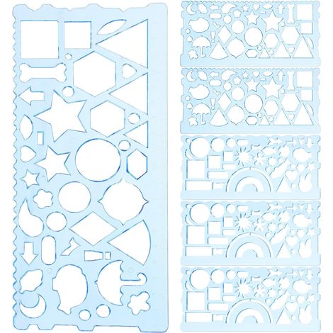 Gabarit de dessin géométrique 6 pièces en PP bleu, règle (1/5)