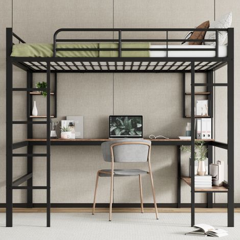 Cadre de lit en métal — Lit en fer avec bureau intégré — Lit mezzanine doté de quatre petites étagères et d'une grande bibliothèque — Adapté aux enfants, aux adolescents et aux adultes (1/5)