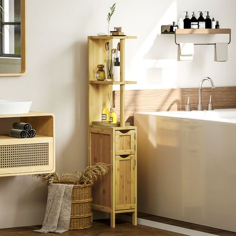 Mobile da bagno con ante e ripiani a giorno, armadio moderno per il bagno 18x30x120 cm Naturale