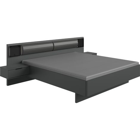 Lit adulte double King Size 180 x 200cm + 2 chevets coloris gris graphite - Longueur 289 x Profondeur 210 x Hauteur 92 cm -PEGANE- (1/3)