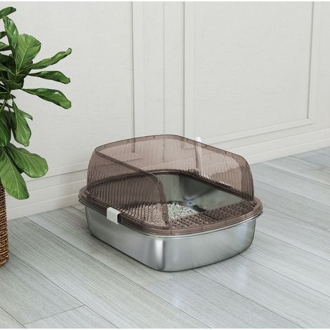 Lettiera per gatti in inox, bordo alto, con paletta, 53 x 42 x 27 cm, grigio DESVIAE (1/5)